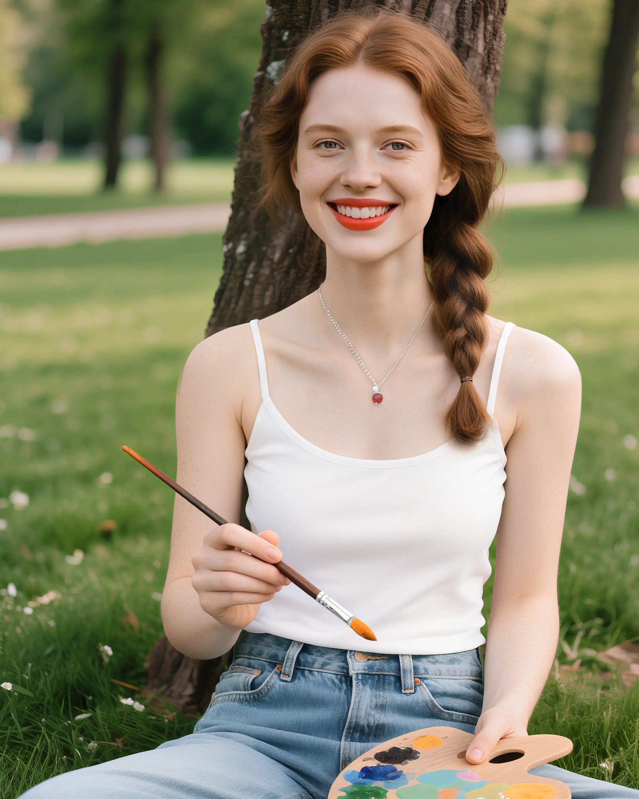 red agate pendant necklace on model