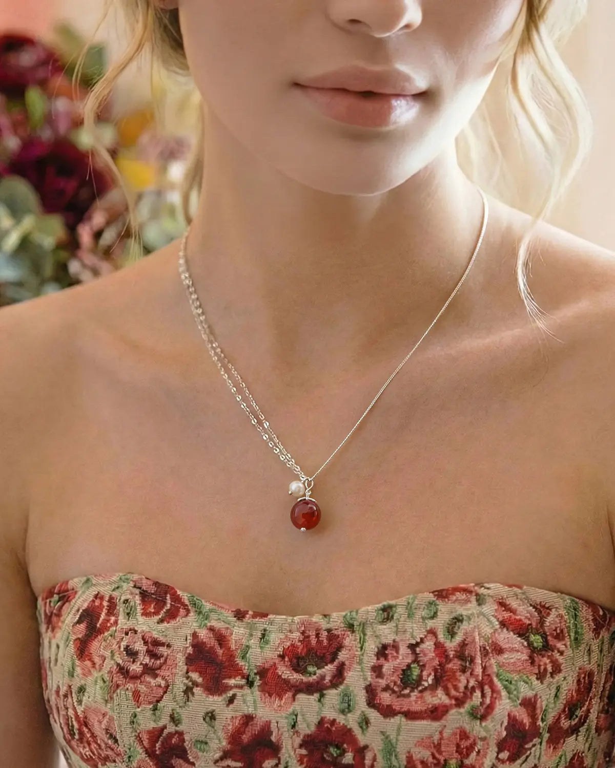 red agate pendant necklace on the model