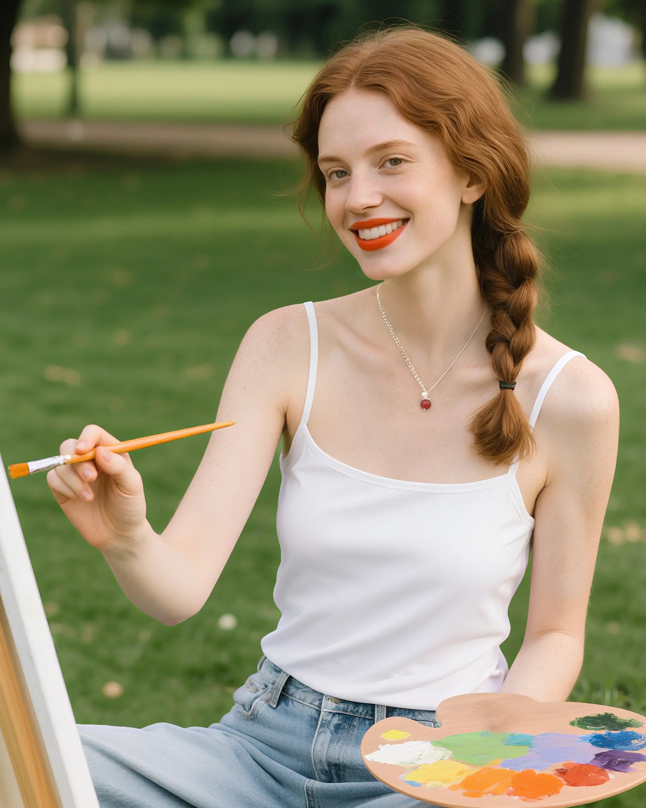 red agate pendant necklace on the model