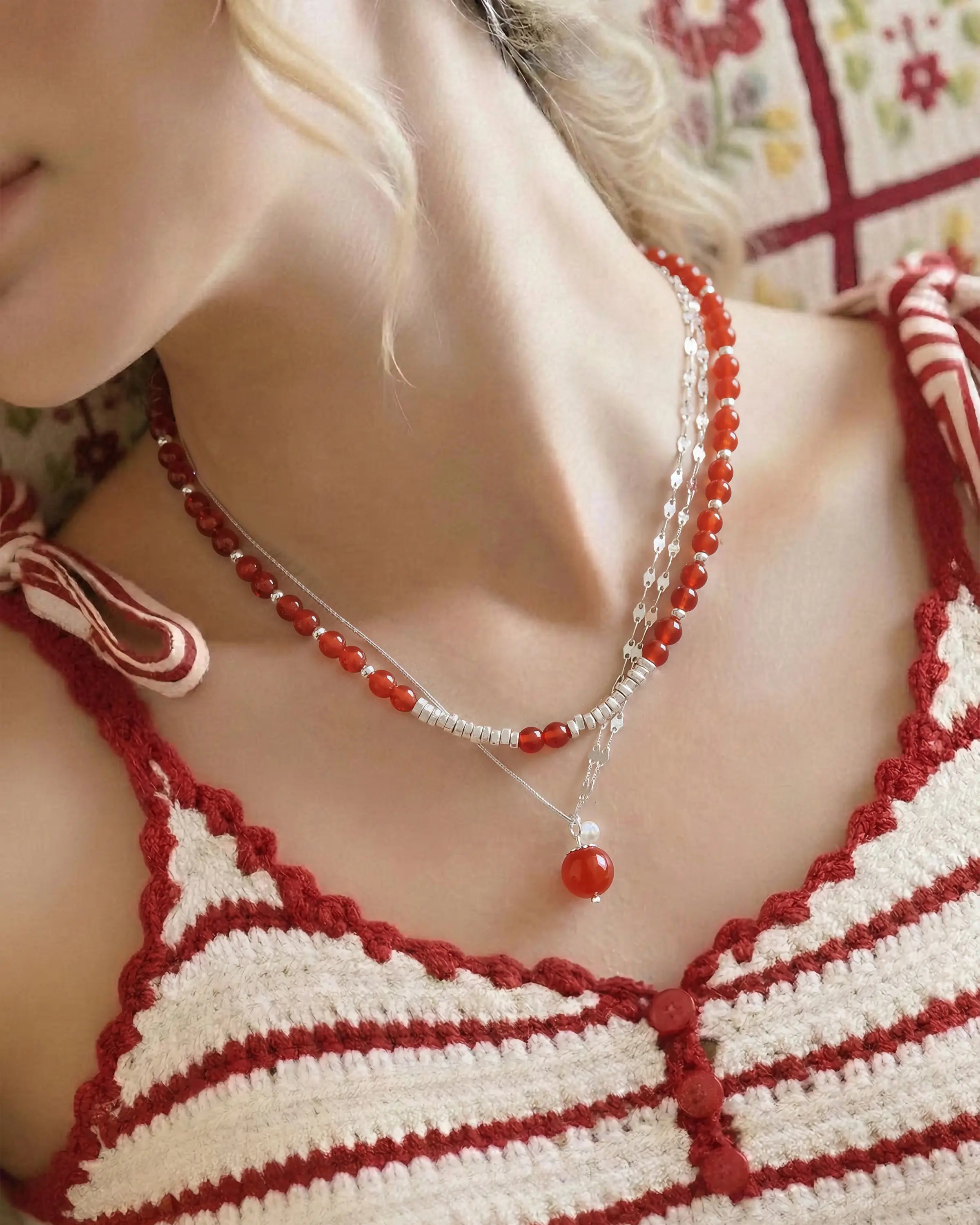 Red Agate Beaded Necklace Set