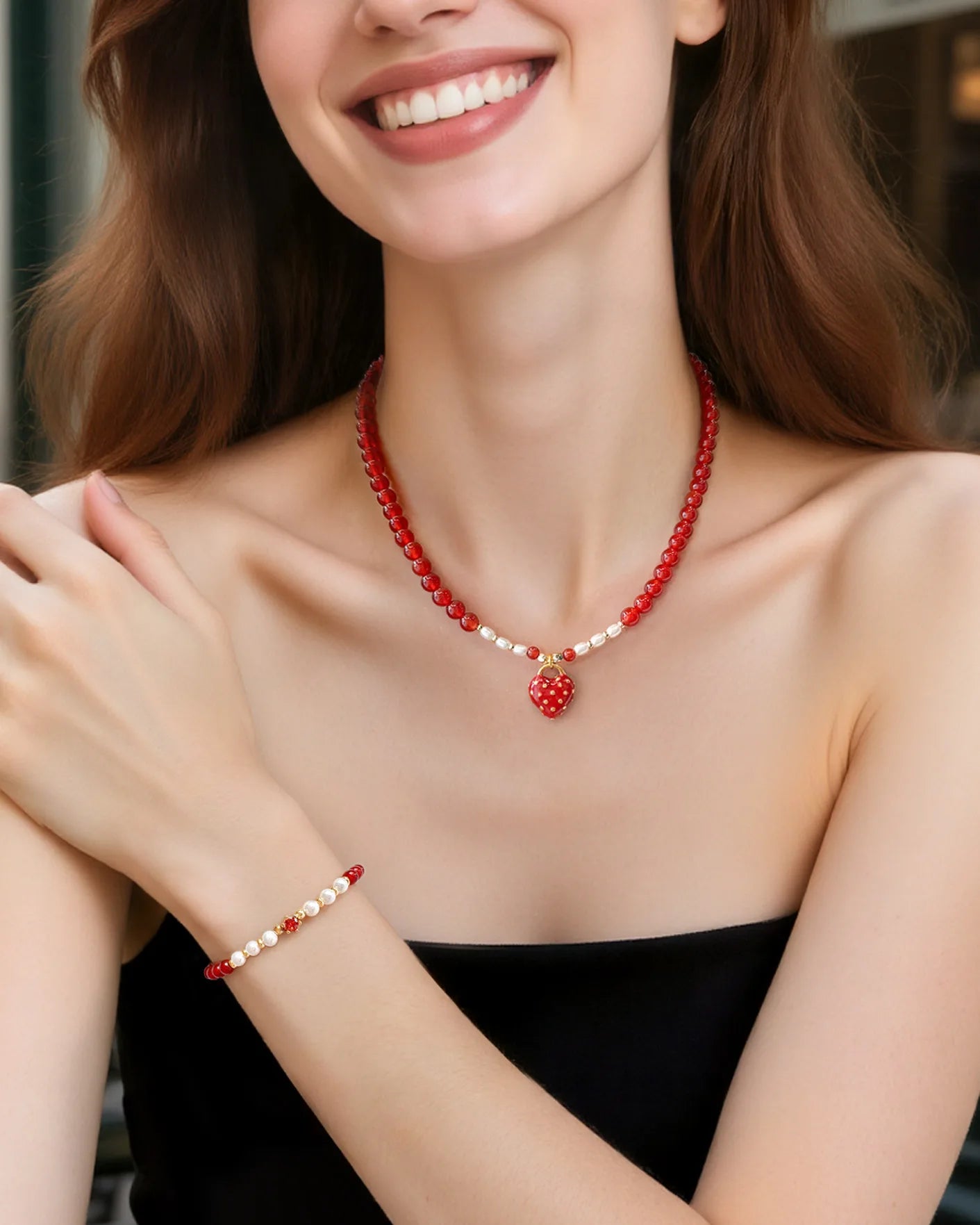 Red Agate Pearl 18K Gold Plated Necklace and Bracelet Set