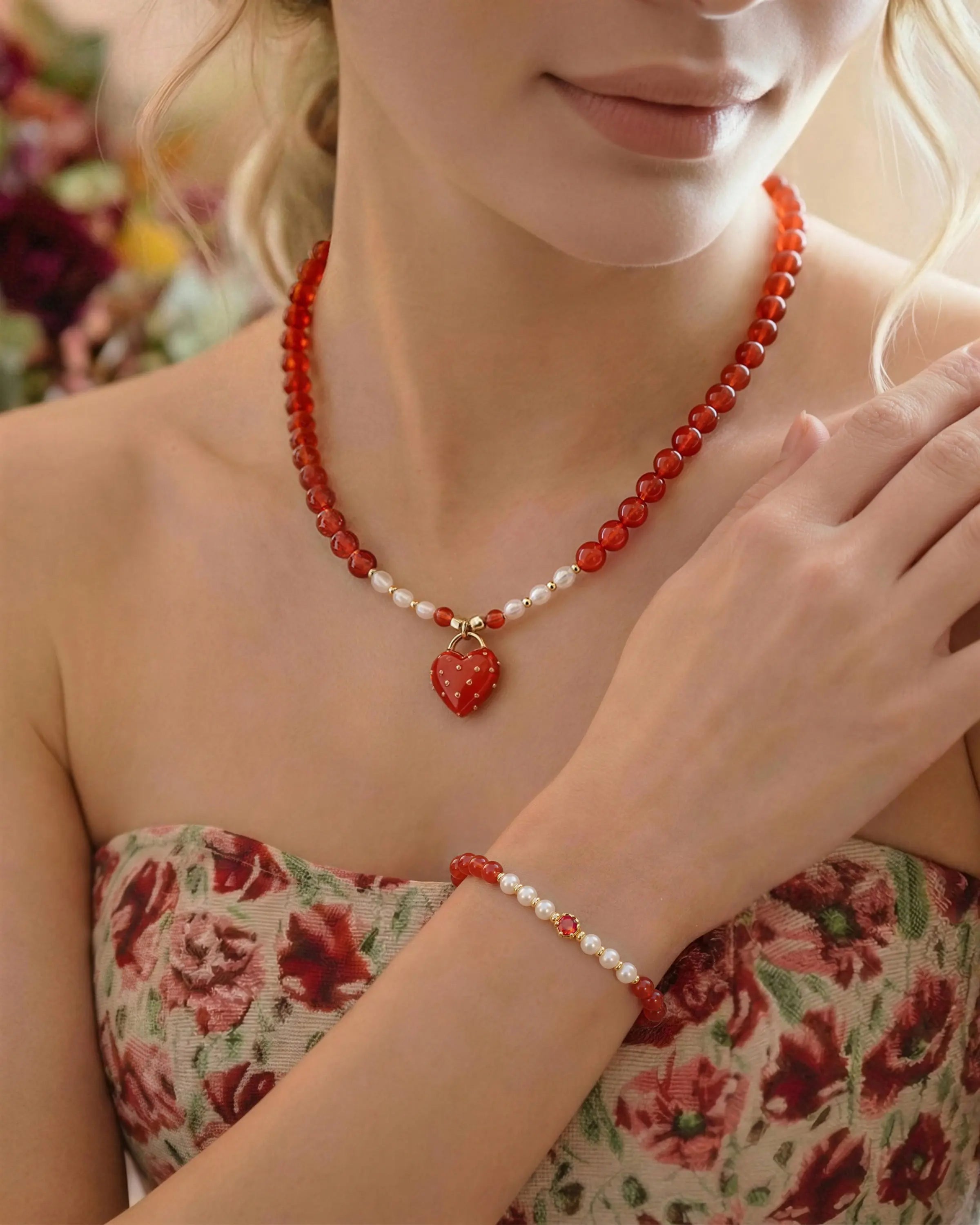 Red Agate Pearl 18K Gold Plated Necklace and Bracelet Set