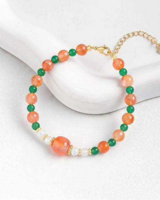 Orange & Green Agate Moonstone Focal Gold Bracelet – Warmth & Balance