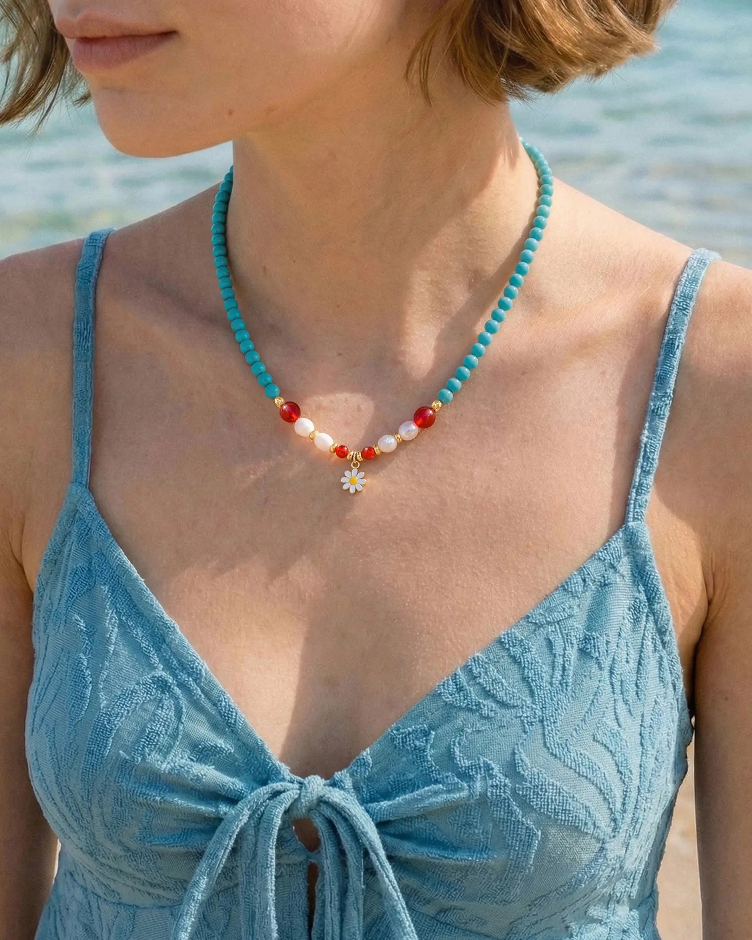 Turquoise Red Agate Gold Plated Sterling Silver Necklace on the model