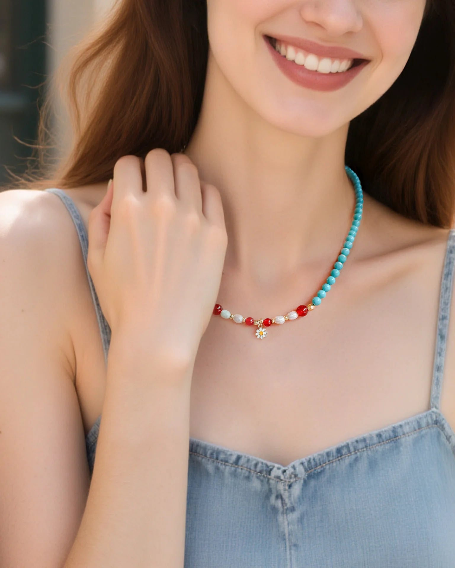 Turquoise Red Agate Gold Plated Sterling Silver Necklace on the model