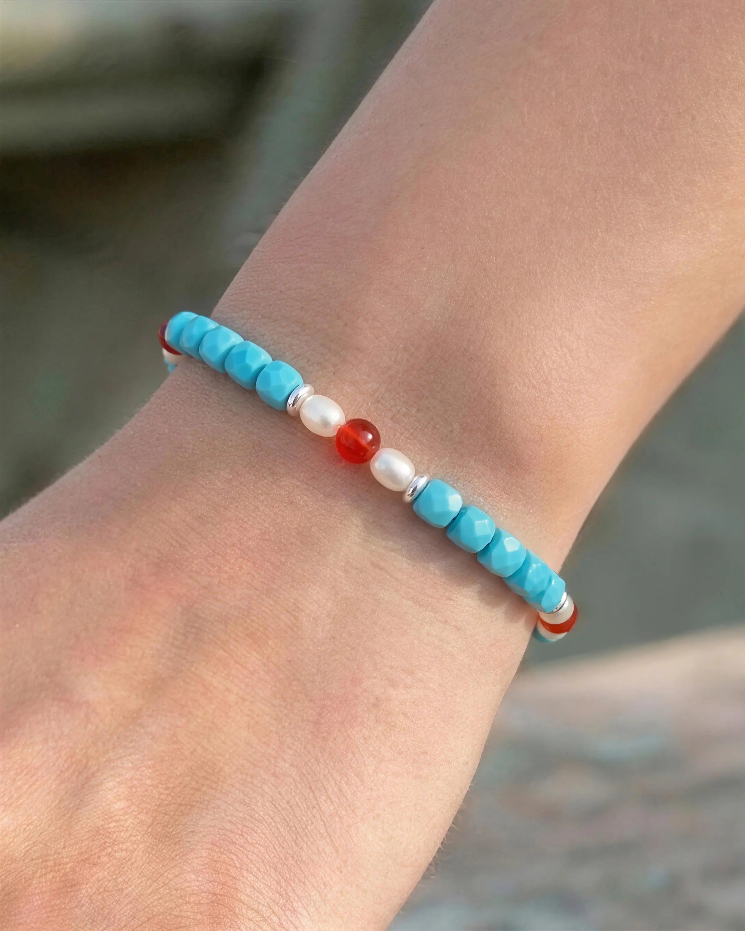 turquoise cube beaded bracelet on the model – december birthstone jewelry