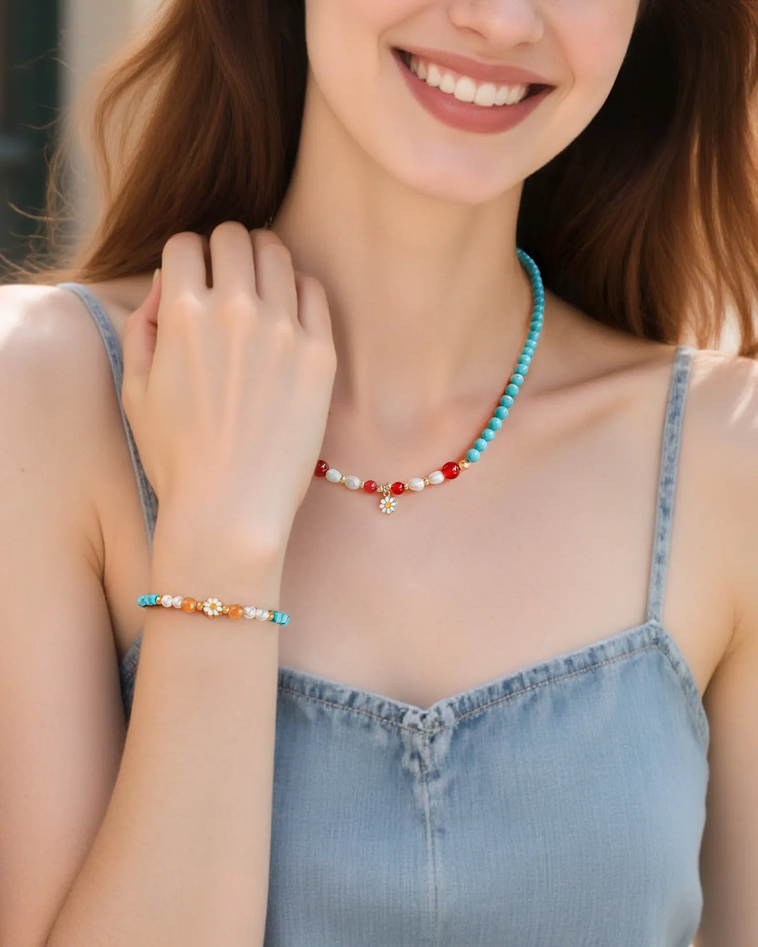 Turquoise Red Agate Gold Plated Sterling Silver Necklace and Bracelet Set