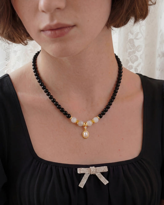 black onyx moonstone beaded necklace on the model