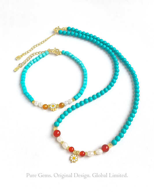 Turquoise Red Agate Gold Plated Sterling Silver Necklace & Bracelet Set – Protection & Courage