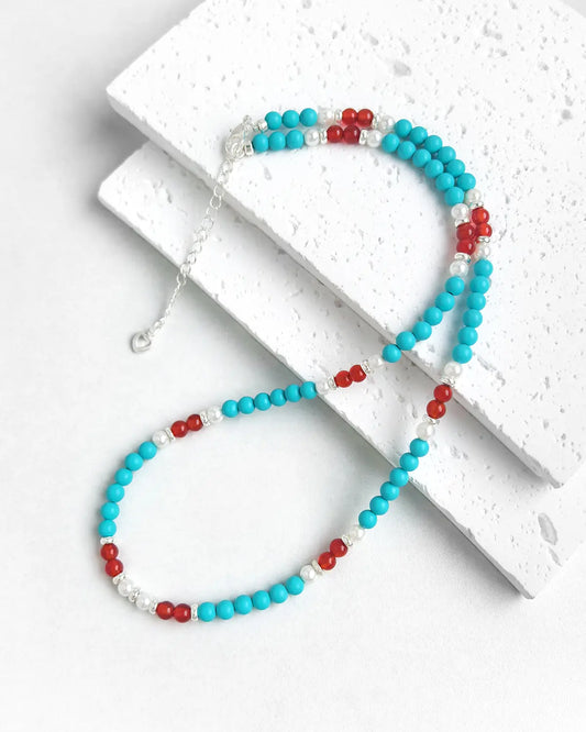 Turquoise Red Agate Silver Necklace – Protection & Truth