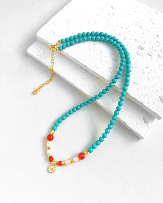 Turquoise Red Agate Gold Necklace – Intuition & Protection