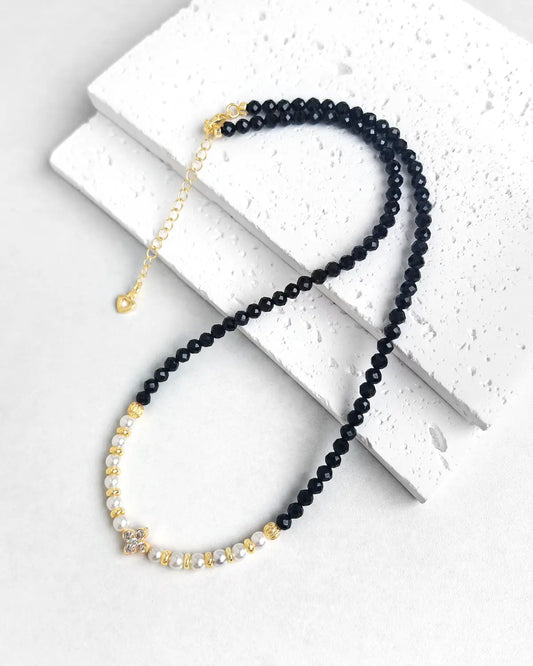 Black Tourmaline Pearl Gold Necklace – Protection & Purity