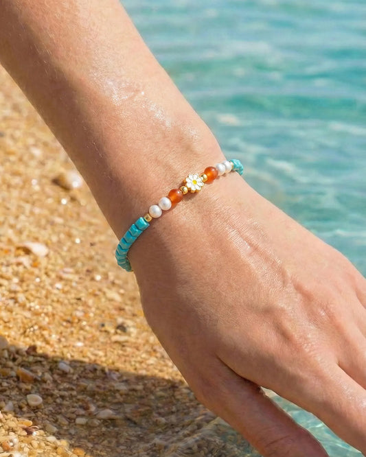 ターコイズパールゴールドメッキスターリングシルバーブレスレット - 保護と勇気