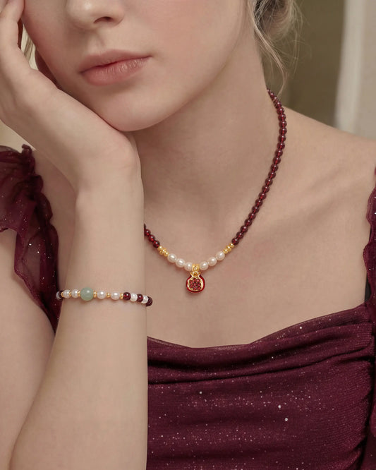 Garnet Pearl Gold Necklace & Bracelet Set – Vitality & Passion
