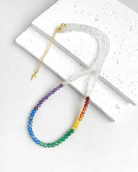 Clear Quartz Rainbow Agate Gold Necklace – Clarity & Joy