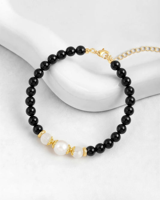 6mm black onyx & moonstone &pearl gold bracelet 