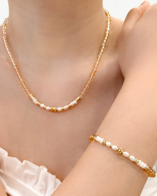 Citrine Pearl Gold Necklace & Bracelet Set – Abundance & Wisdom