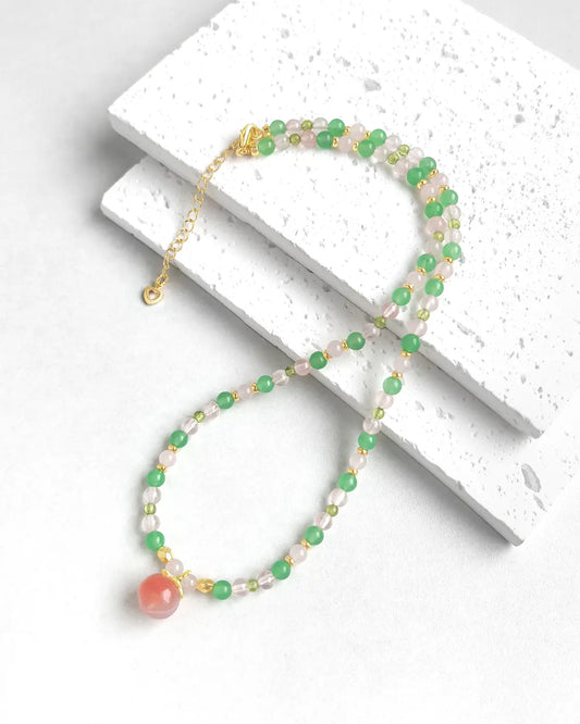 Peridot Rose Quartz Aventurine Gold Necklace – Renewal & Luck