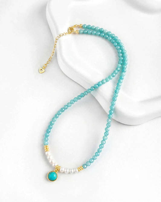 Amazonite Turquoise Pearl Gold Necklace – Calm & Clarity