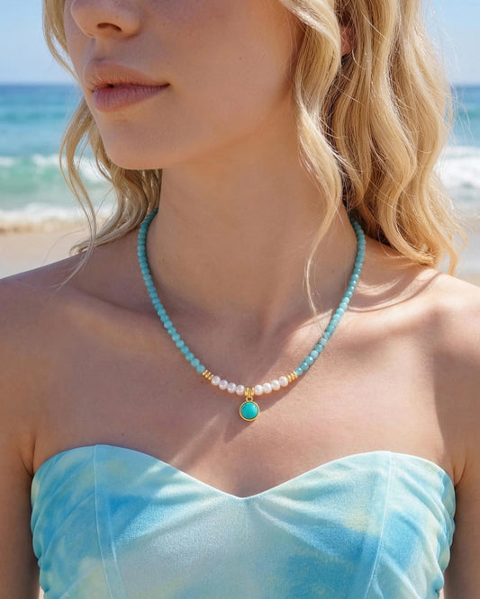 Amazonite Turquoise Pearl Gold Necklace – Calm & Clarity