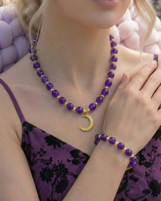 Amethyst Crescent Moon Gold Necklace & Bracelet Set – Intuition & Dreams