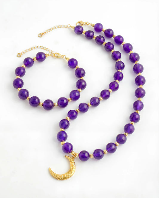 Amethyst Crescent Moon Gold Necklace & Bracelet Set – Intuition & Dreams