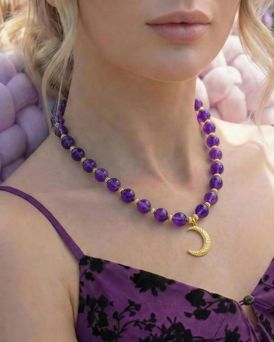Amethyst Crescent Moon Gold Necklace – Intuition & Dreams