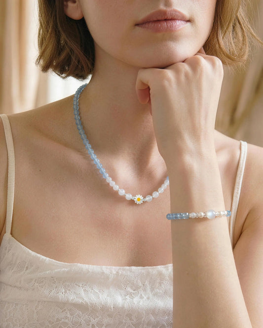 Aquamarine Moonstone Silver Necklace & Bracelet Set – Serenity & Intuition