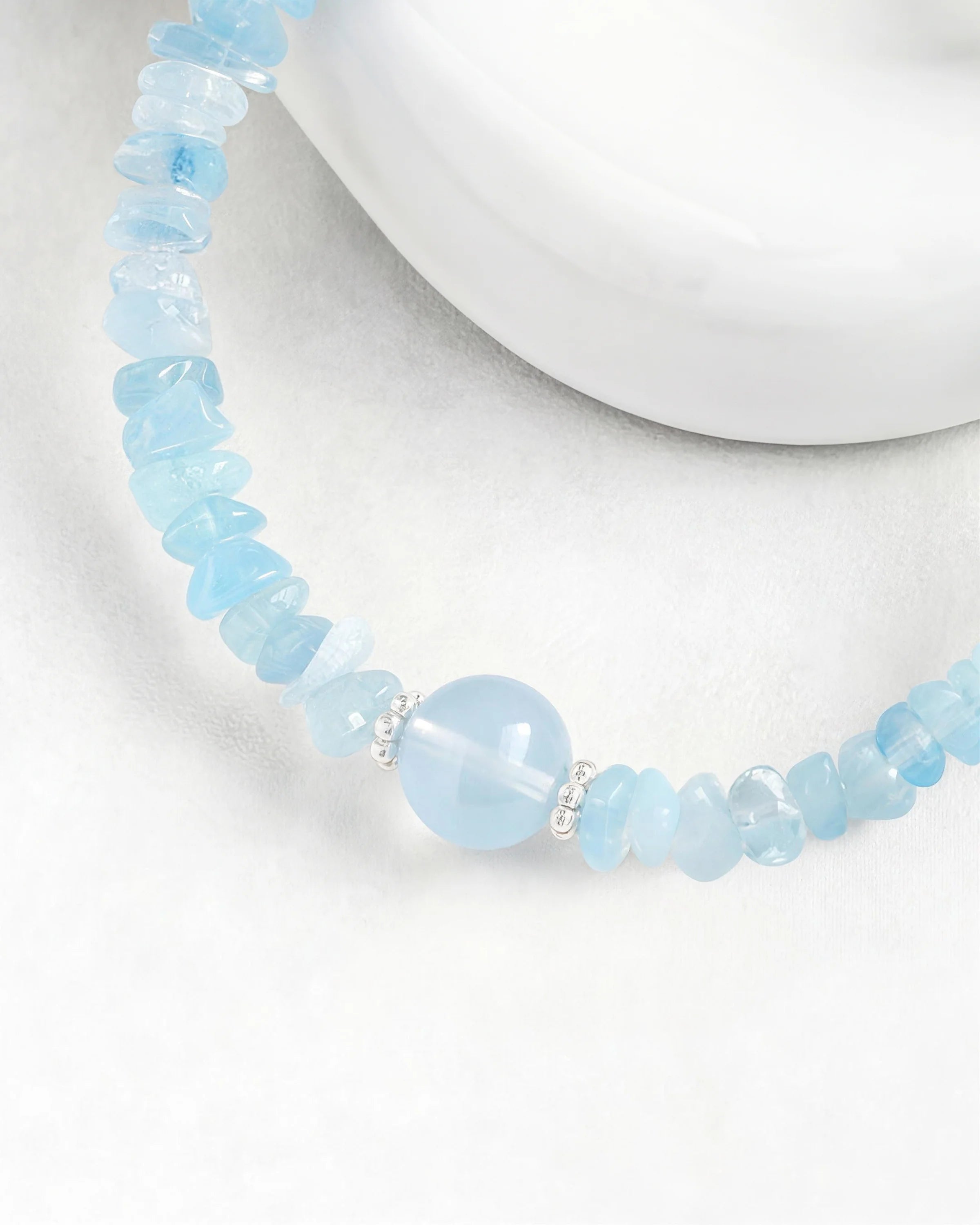 Aquamarine bead detail of Silver Freeform Chips Focal Bracelet