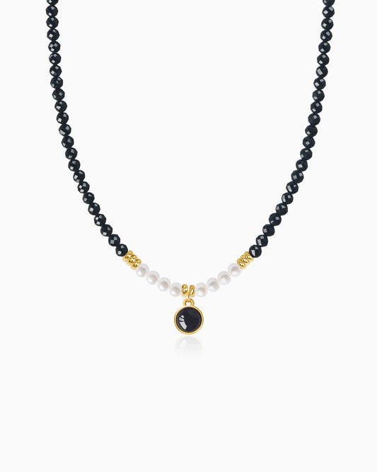 Black Tourmaline Pearl Gold Plated Sterling Silver Necklace – Protection & Grounding