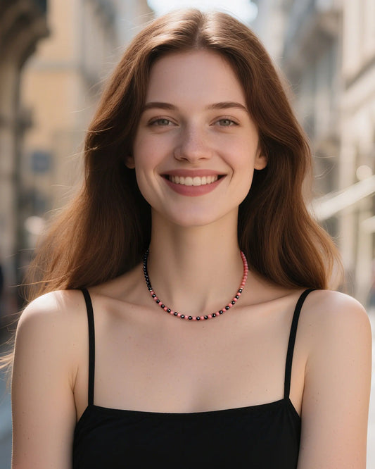 black tourmaline rhodochrosite beaded necklace on the model