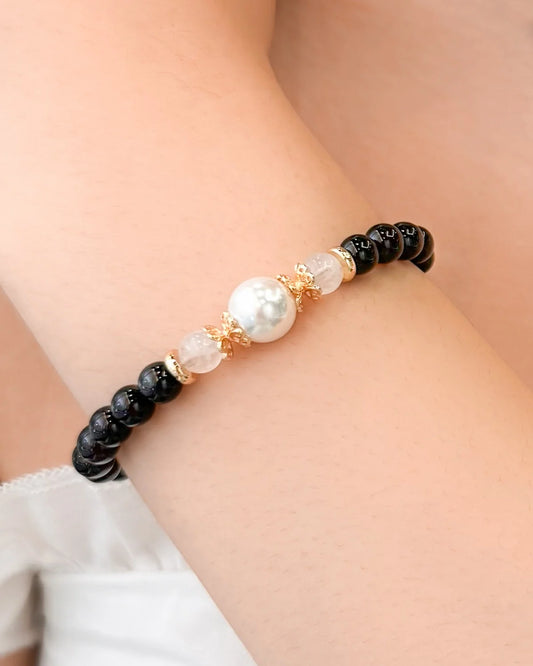 ブラックオニキスムーンストーンゴールドメッキスターリングシルバーブレスレット - 勇気とバランス