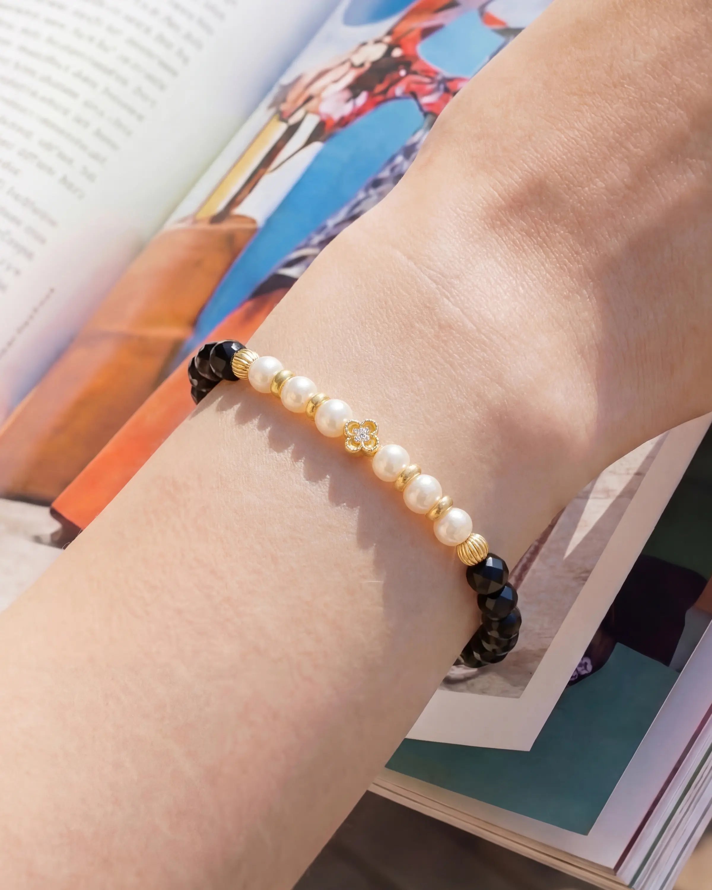 Black Tourmaline 14K Gold Plated Beaded Bracelet with Pearl Accents