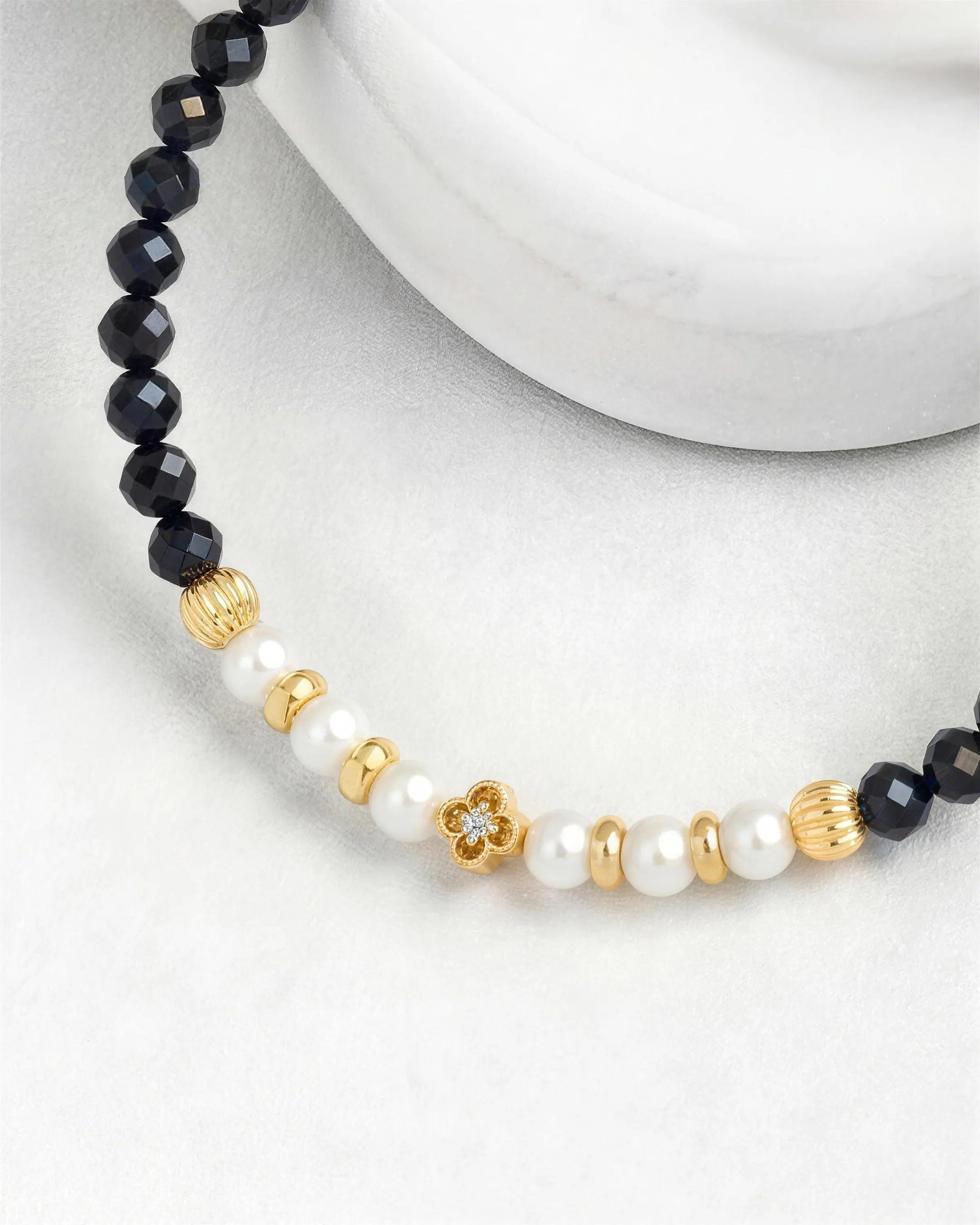 Black Tourmaline Gold Plated beaded Bracelet with Peal Accent