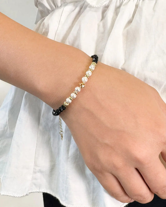 Black Tourmaline Pearl Gold Bracelet – Grounding & Protection