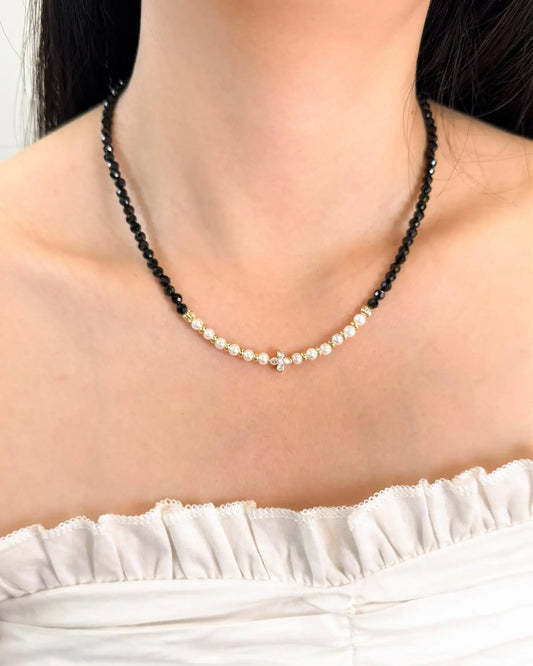 Black Tourmaline Pearl Gold Necklace – Protection & Purity