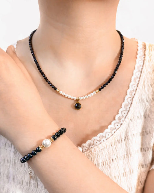 Black Onyx Moonstone Gold Necklace & Bracelet Set – Intuition & Strength