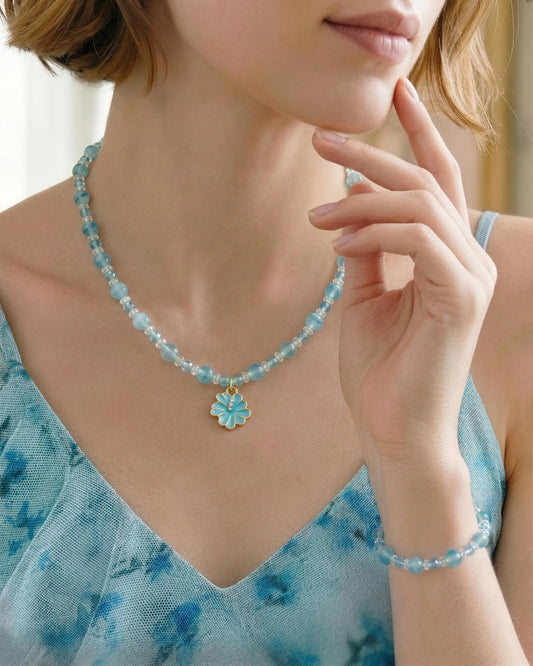Blue Chalcedony Sakura Silver Necklace & Bracelet Set – Calm & Clarity