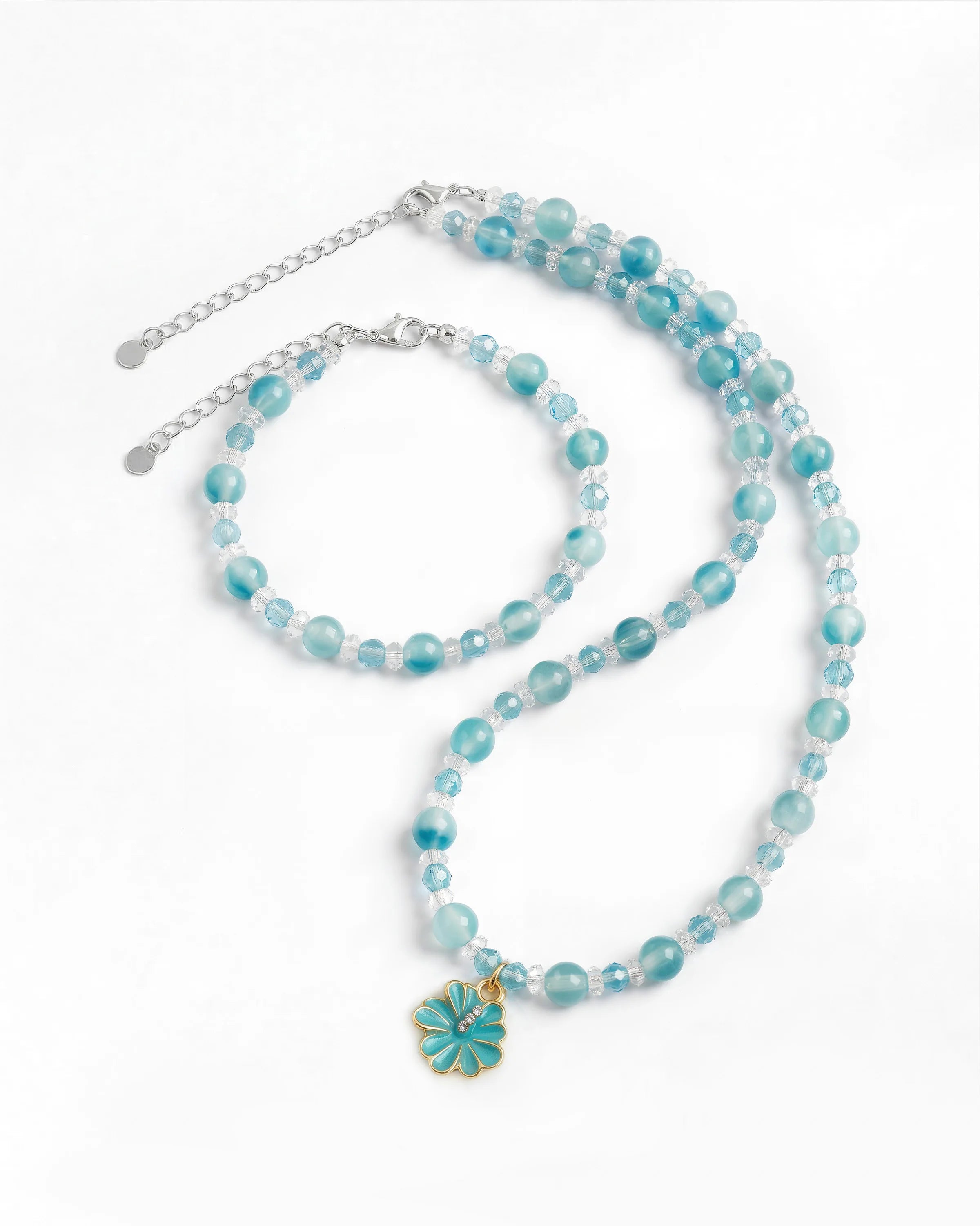 Blue Chalcedony Sakura Silver Necklace and Bracelet Set 