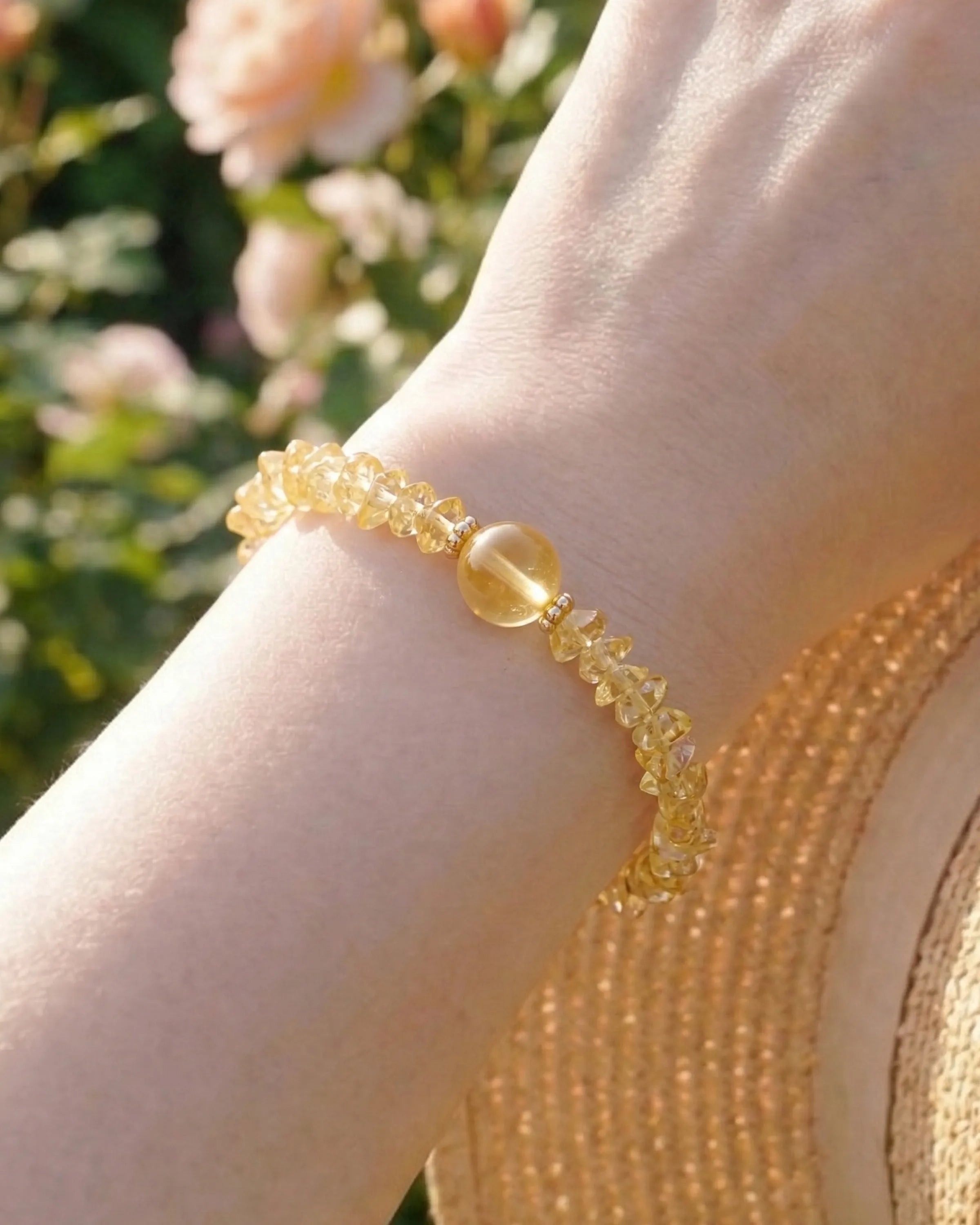 Model wearing Citrine Gold Freeform Chips Focal Bracelet