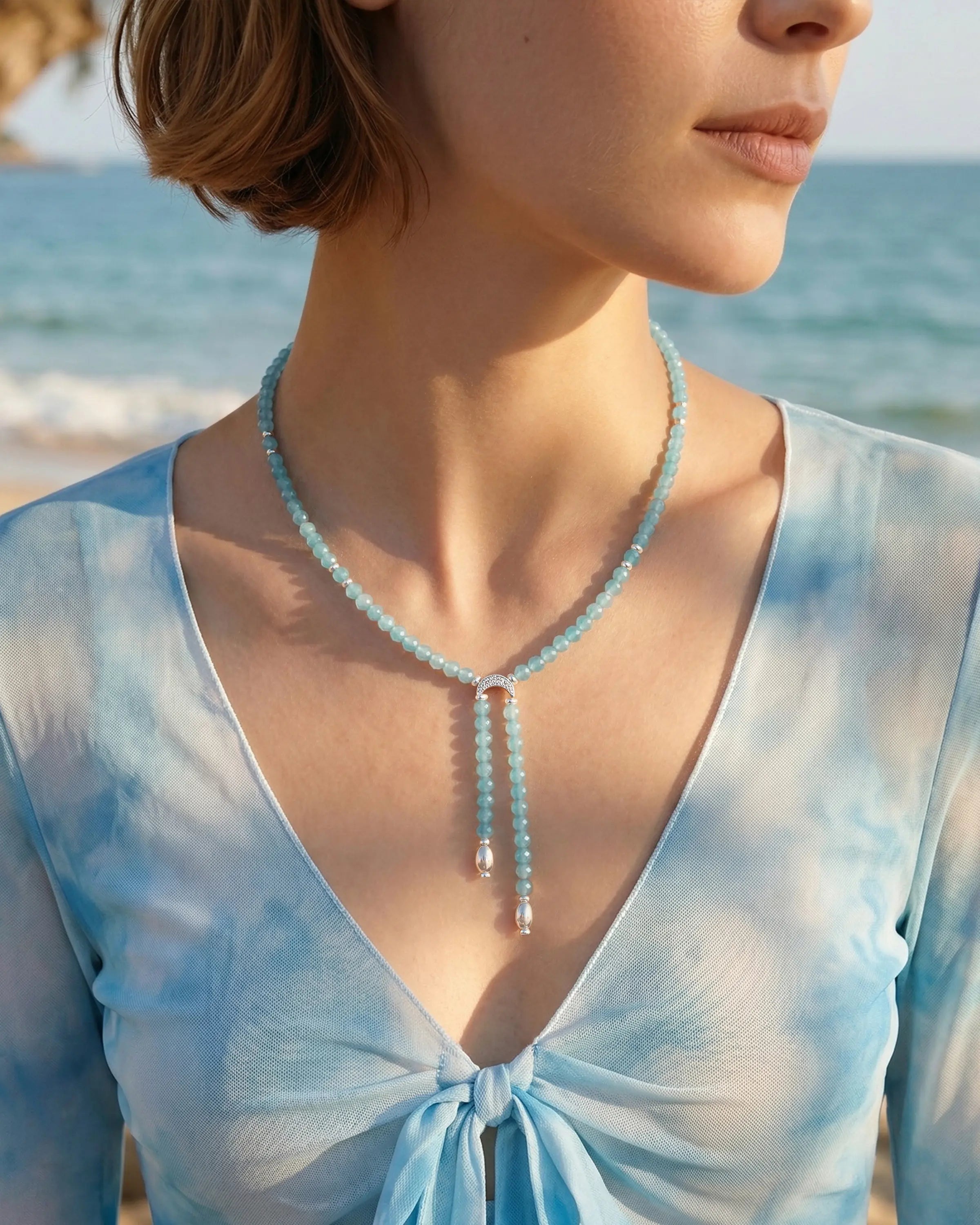 Model wearing Faceted Amazonite Double Drop Silver Necklace