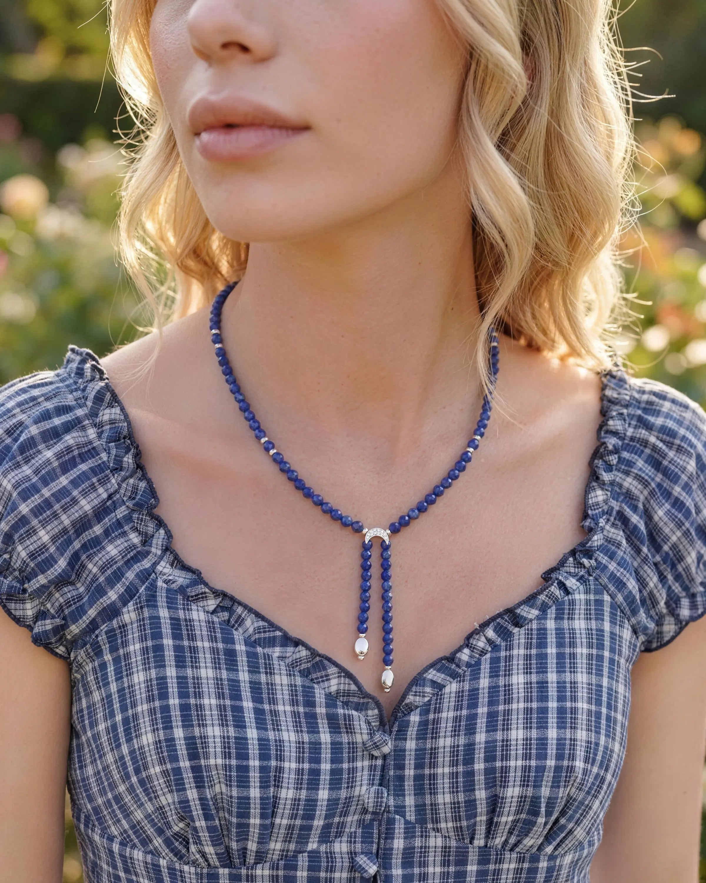 Model wearing Faceted Lapis Lazuli Double Drop Necklace