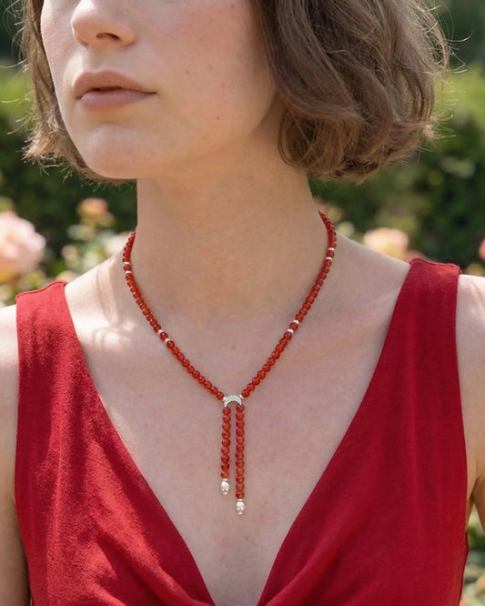 Faceted Red Agate Double Drop Silver Necklace – Vitality & Courage