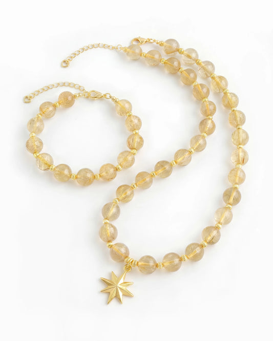 Golden rutilated Quartz Star Gold Necklace & Bracelet Set – Joy & Optimism