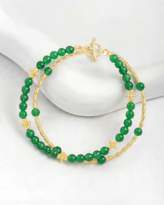 Green Agate Gold Floral Pre-layered Bracelet – Balance & Harmony
