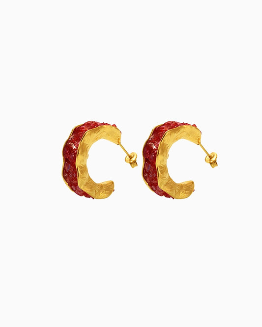 Red Birthstone C-Hoop Stud Earrings