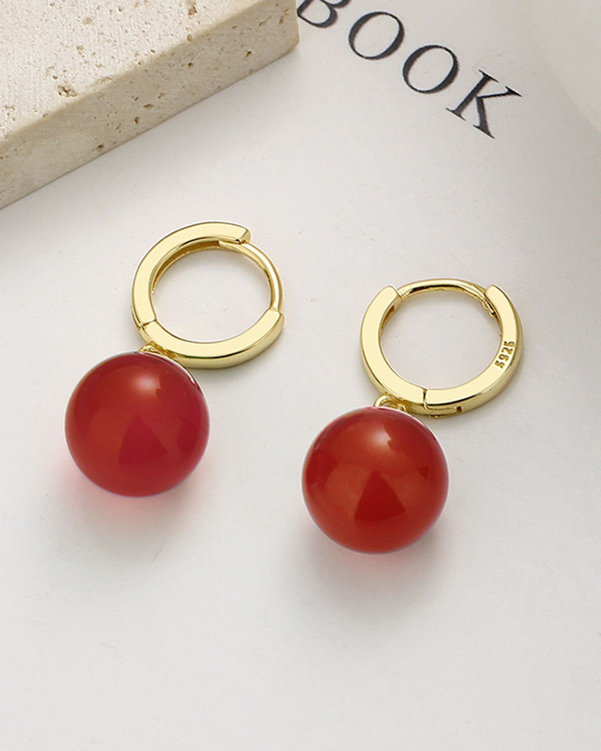 Red Agate Charm Huggie Hoop Earrings
