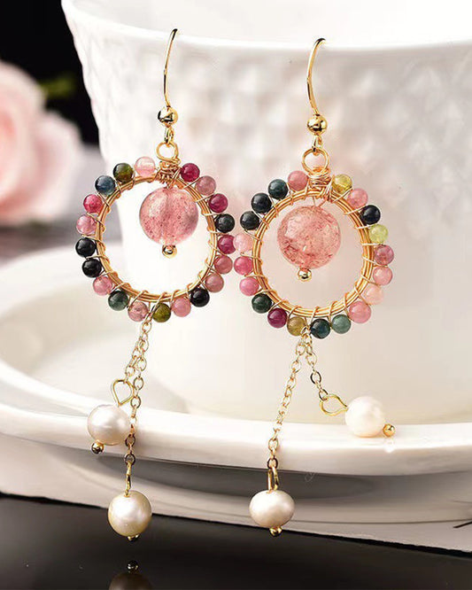 Tourmaline Mist Drop Earrings with Strawberry Quartz Bead| October Birthstone Jewelry