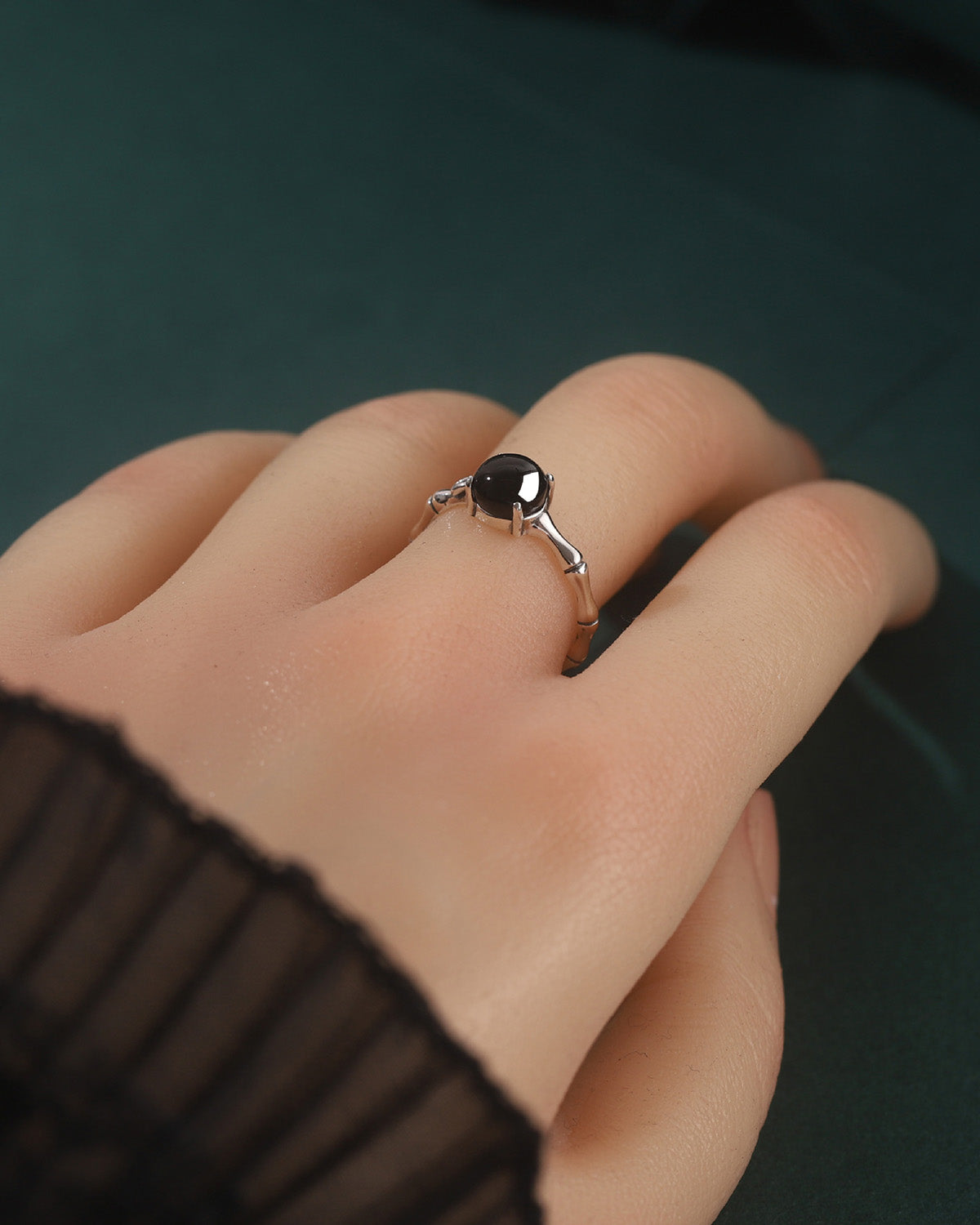 S925 Sterling Slilver Black Agate Bamboo Adjustable Ring