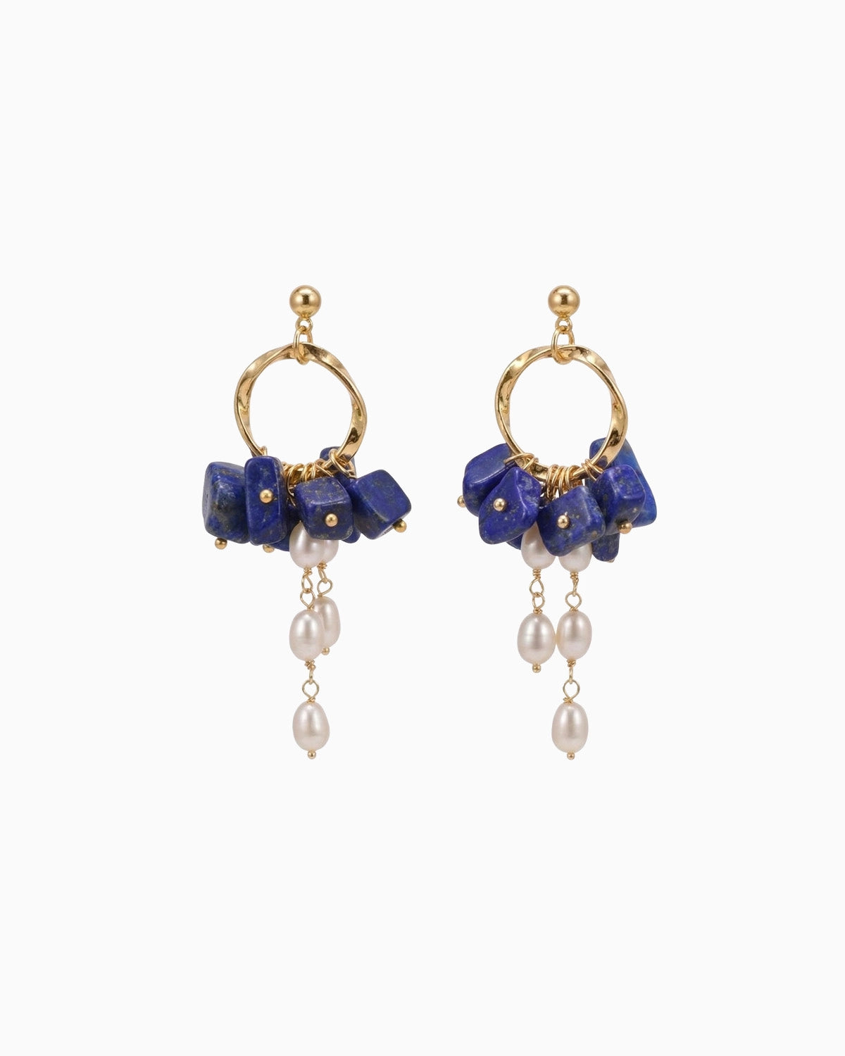 Blue Lapis Lazuli Gemstone Chip Gold Earrings